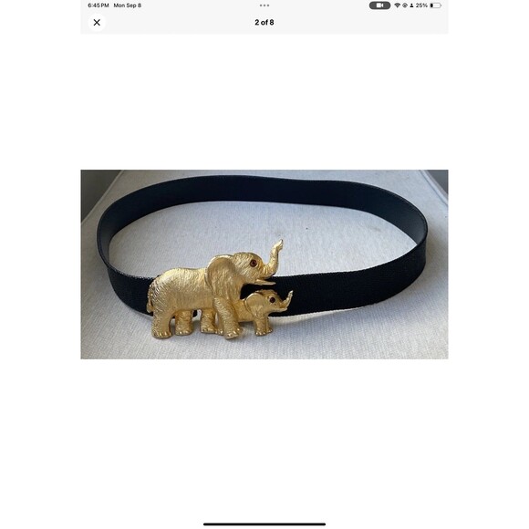 Elephant Belt Buckle Gold Womans 34” (M) Black Leather Adjustable Belt - Vintage - Picture 2 of 8
